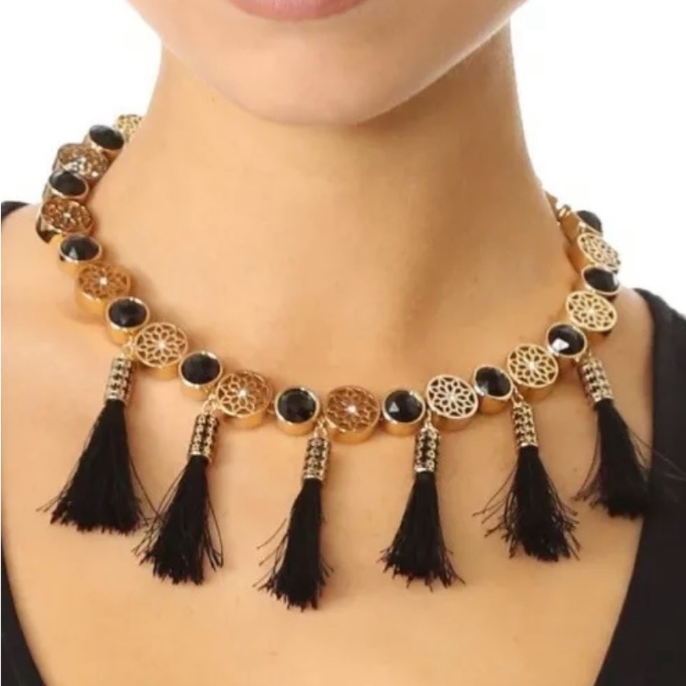 Kate Spade New York Moroccan Tile Black and Gold Tassel Statement Necklace